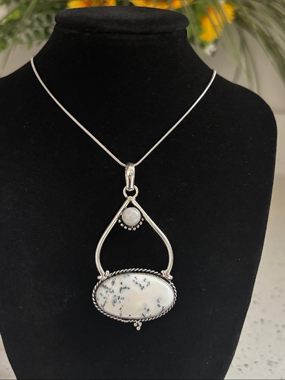 Sterling Silver White Dendrite Opal Rainbow Gemstone Pendant Necklace